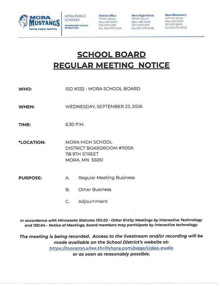 School Board regular meeting notice