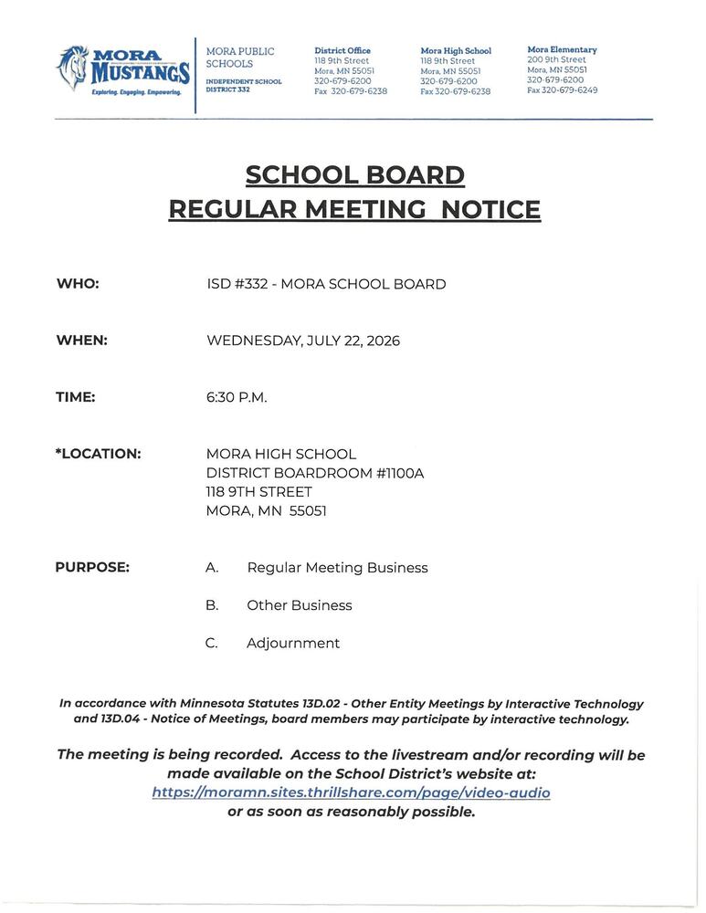 School Board Regular Meeting Notice