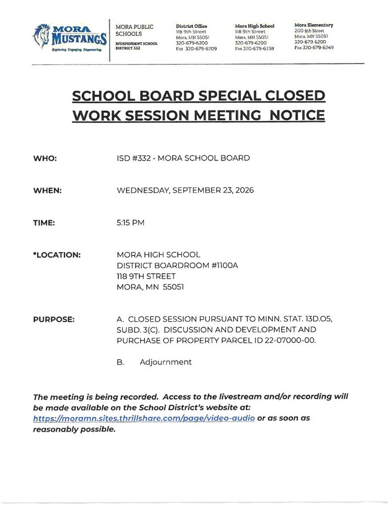 School Board Special Closed Work Session