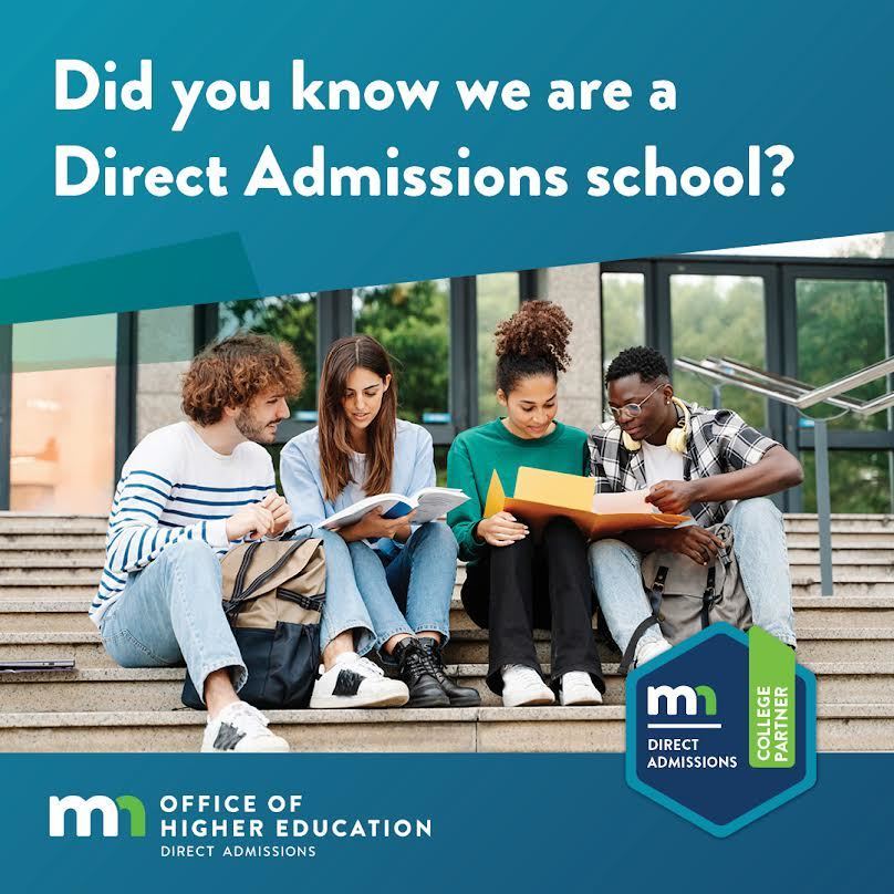 Did you know we ar a direct admissions school? Office of higher education. Direct Admissions. College Partner. The image is of a group of students sitting on stairs outside a building working on school work.