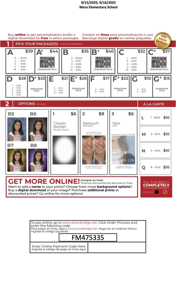 Mora Elementary School FALL Picture Day Order Form