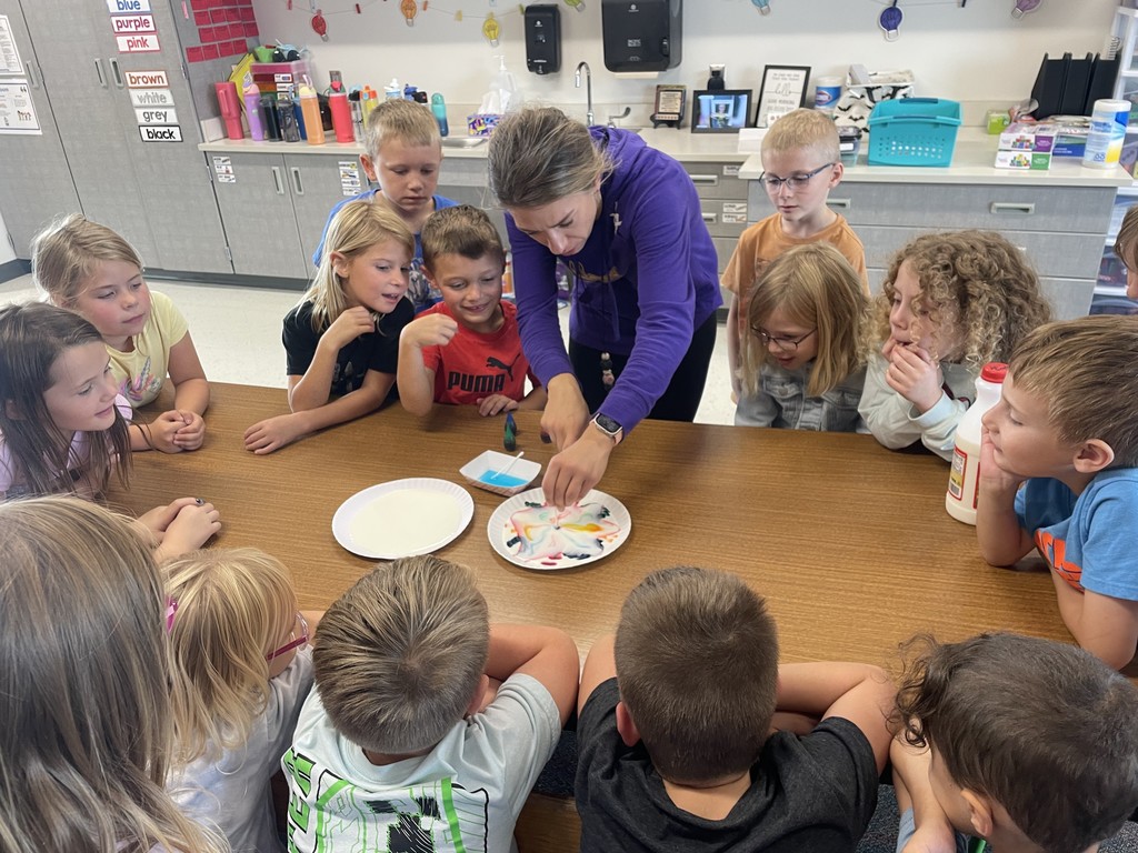 Ms Hambly is showing students the effect of dish soap in the magic milk experiment.