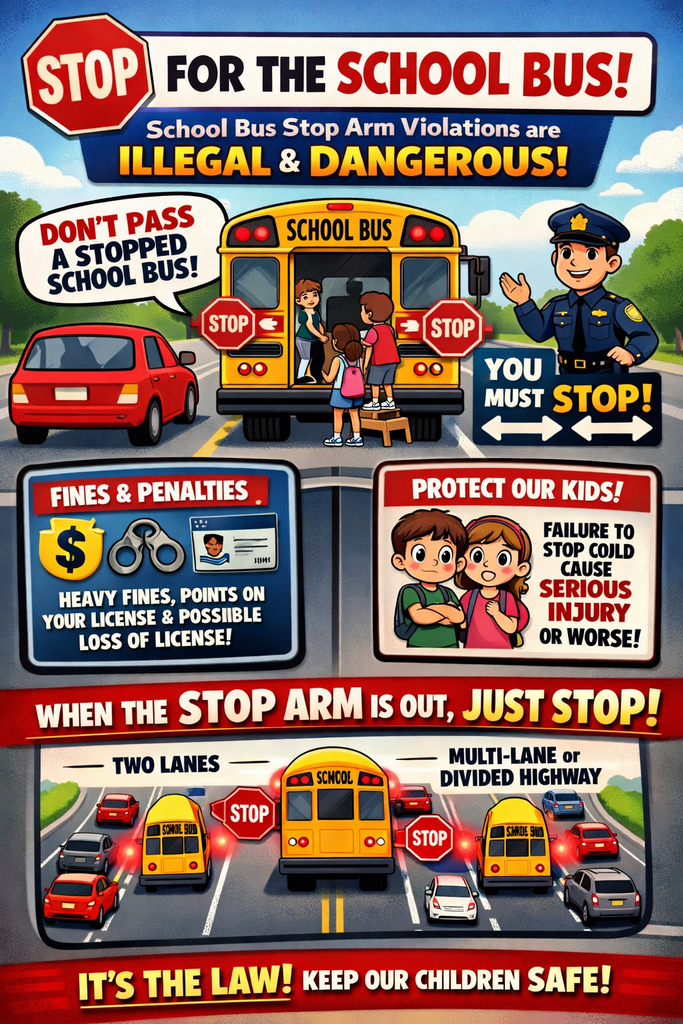 Stop for the School Bus! School bus Stop Arm Violations are ILLEGAL & DANGEROUS! Don't Pass a stopped school bus. You must STOP! Fines and Penalties Heavy Fines, Points on your license and Possible loss of license! Protect our Kids! Failure to stop could cause serious injury or worse! When the Stop Arm is out, JUST STOP! Two lanes Multi-lane or Divided Highway. It's The law! Keep our children SAFE! 