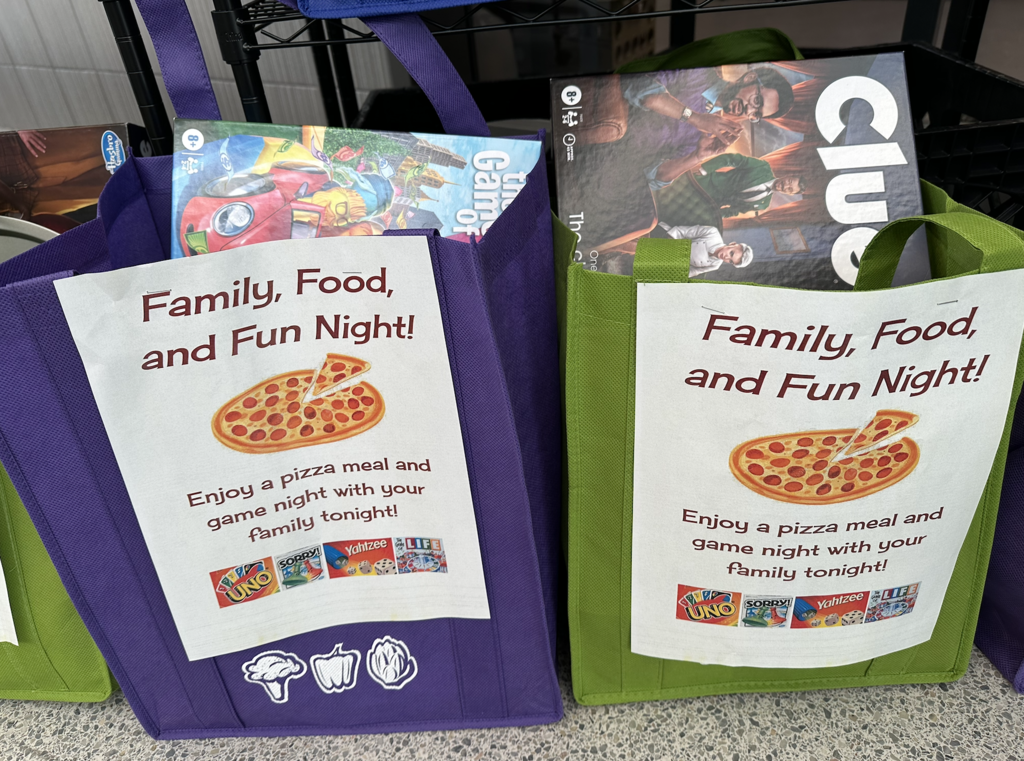 Family food and fun night bags. Enjoy a pizza meal and game night with your family tonight.