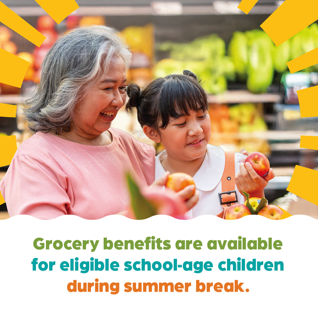 Sun Bucks Grocery benefits are available for eligible school-age children during summer break flyer