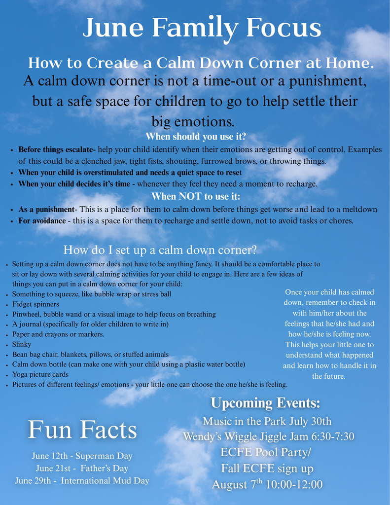 Early Childhood Family Focus for June ( How to create a Calm Down Corner at Home)