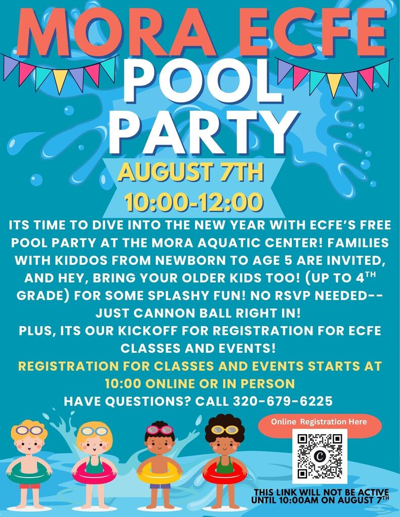 ECFE POOL PARTY FLYER AUGUST 7TH @ 10:00 AT THE MORA PUBLIC AQUATIC CENTER