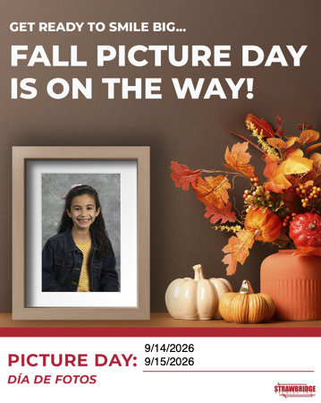 Get ready to smile big.... Fall picture day is on the way! Fall scene with a smiling girl in a picture frame.