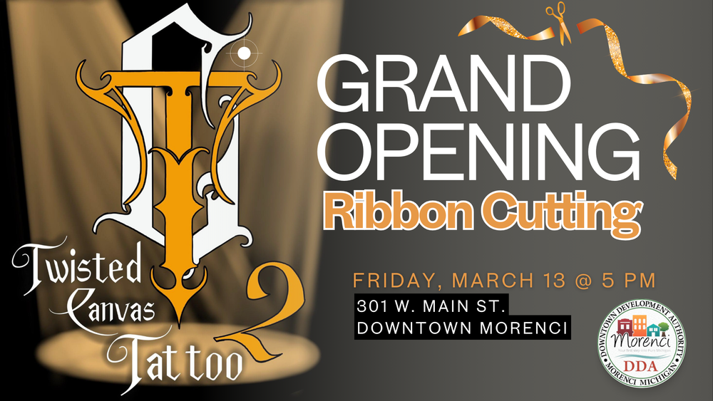 Twisted Canvas Tattoo Grand Opening Ribbon Cutting Friday March 13 at 5pm, 301 W. Main St. Downtown Morenci