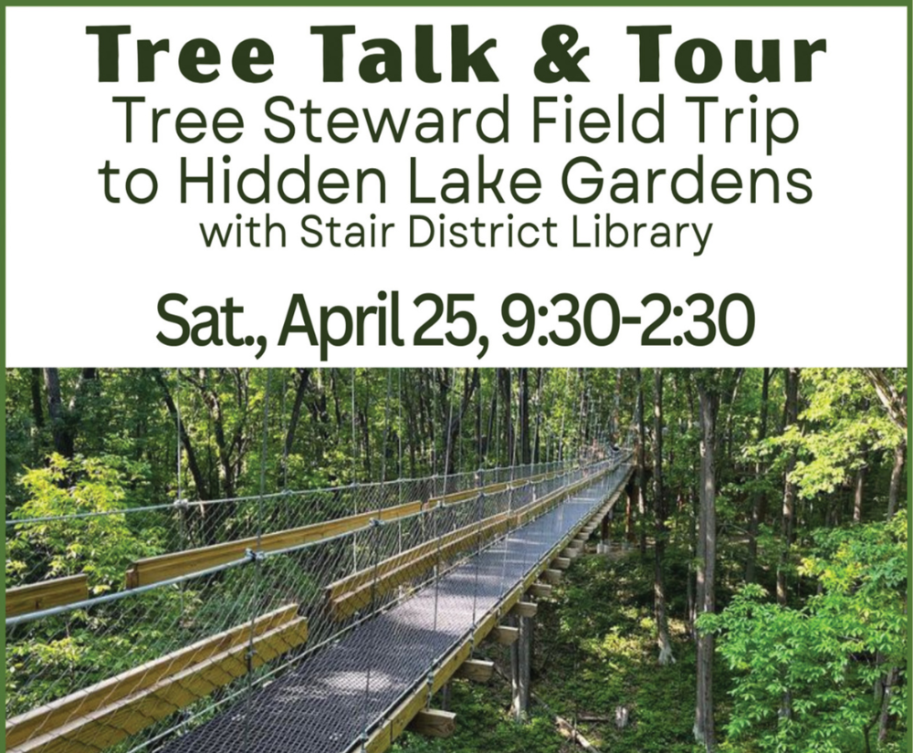 Tree Talk and Tour Tree Steward Field Trip to Hidden Lake Gardens with Stair District Library Saturday, Apri 25, 9:30-2:30