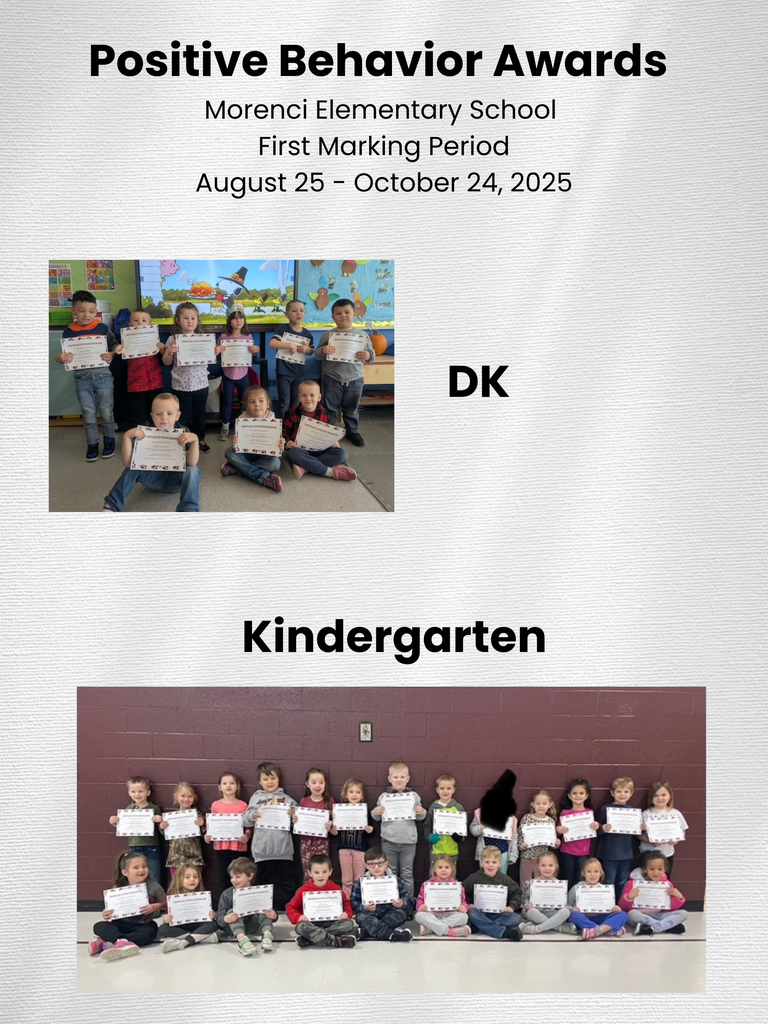 Positive behavior awards 1st marking period morenci elementary school August 25-October 24, 2025 DK kindergarten