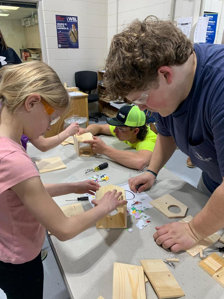 students building a birdhouse