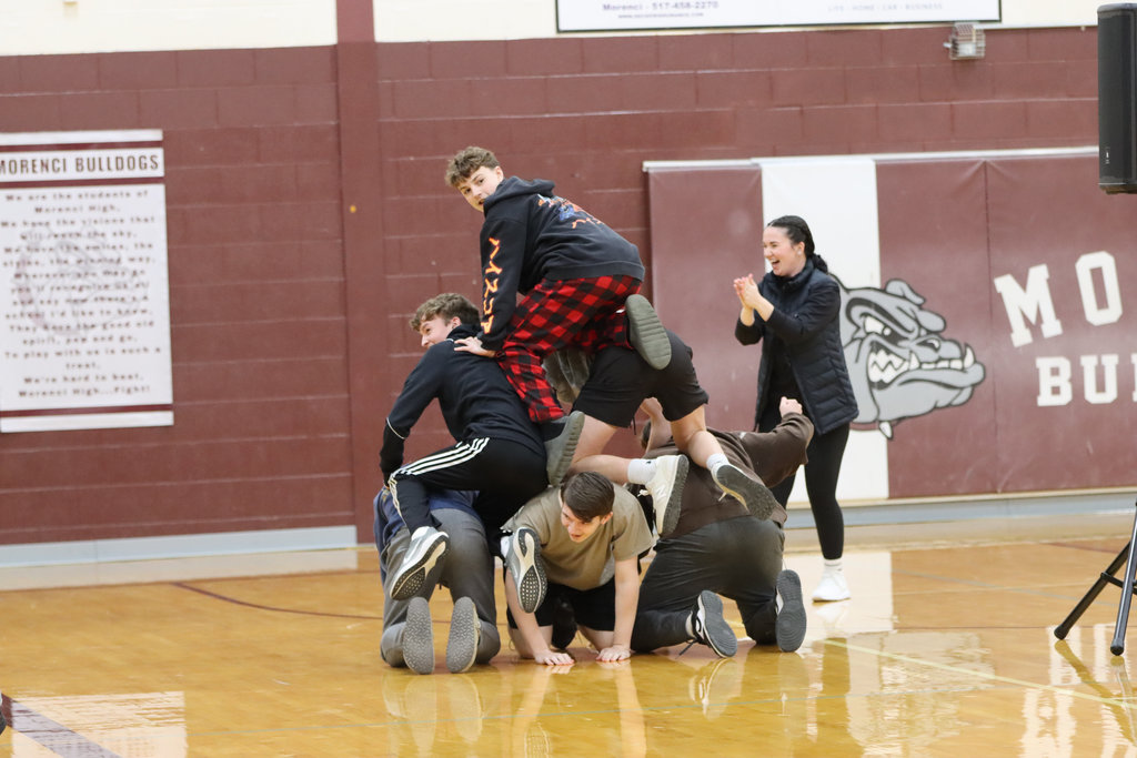 students building a pyramid