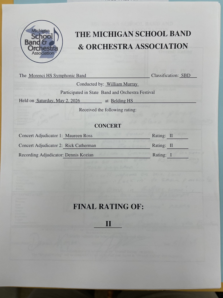 michigan school band orchestra showing that the team received a rating of II.