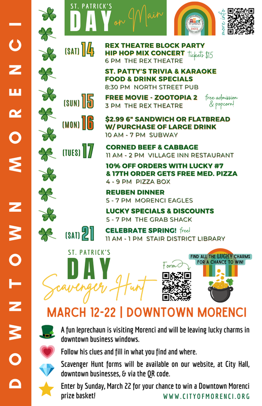 Flyer for Downtown Morenci St. Patrick’s Day on Main with events March 14–21 at local businesses and a March 12–22 scavenger hunt in downtown windows, including concerts, movie, restaurant specials, a library event, and prize entry details.