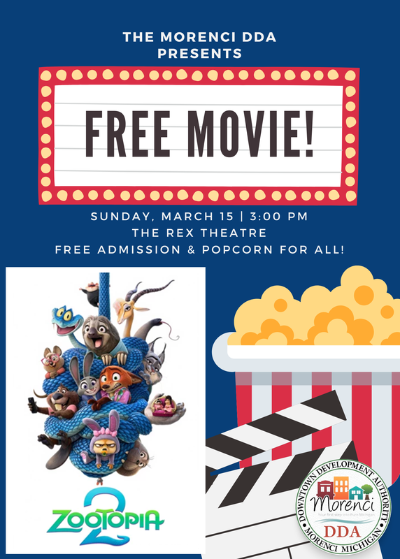 A bright poster announcing a free movie event featuring the animated film Zootopia, with a popcorn graphic, film reel, and event details including date, time, and location.
