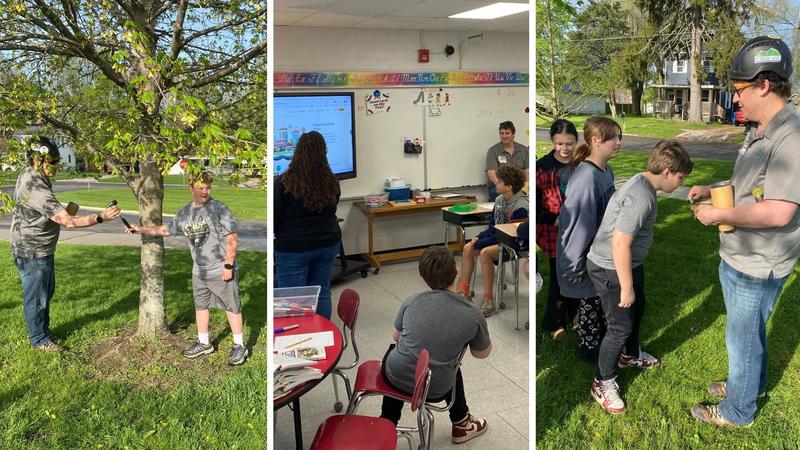 Kids outside and in a classroom learning about trees