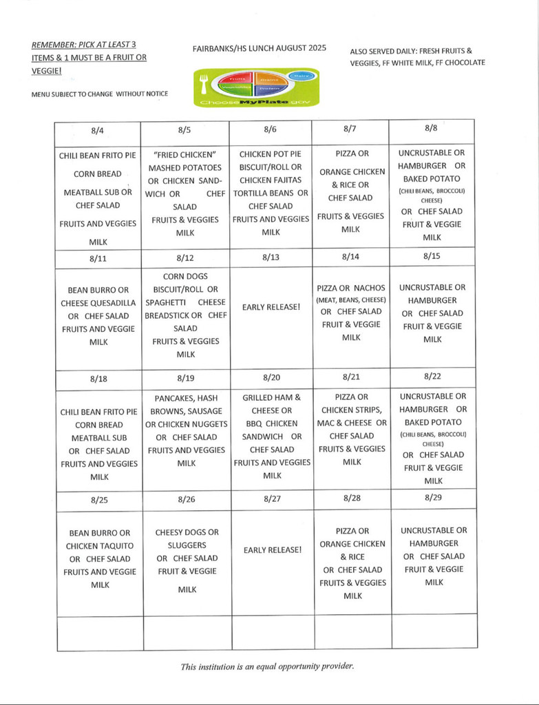 August Lunch Menu