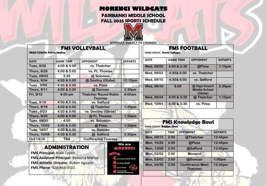 FMS Fall Sports Schedules