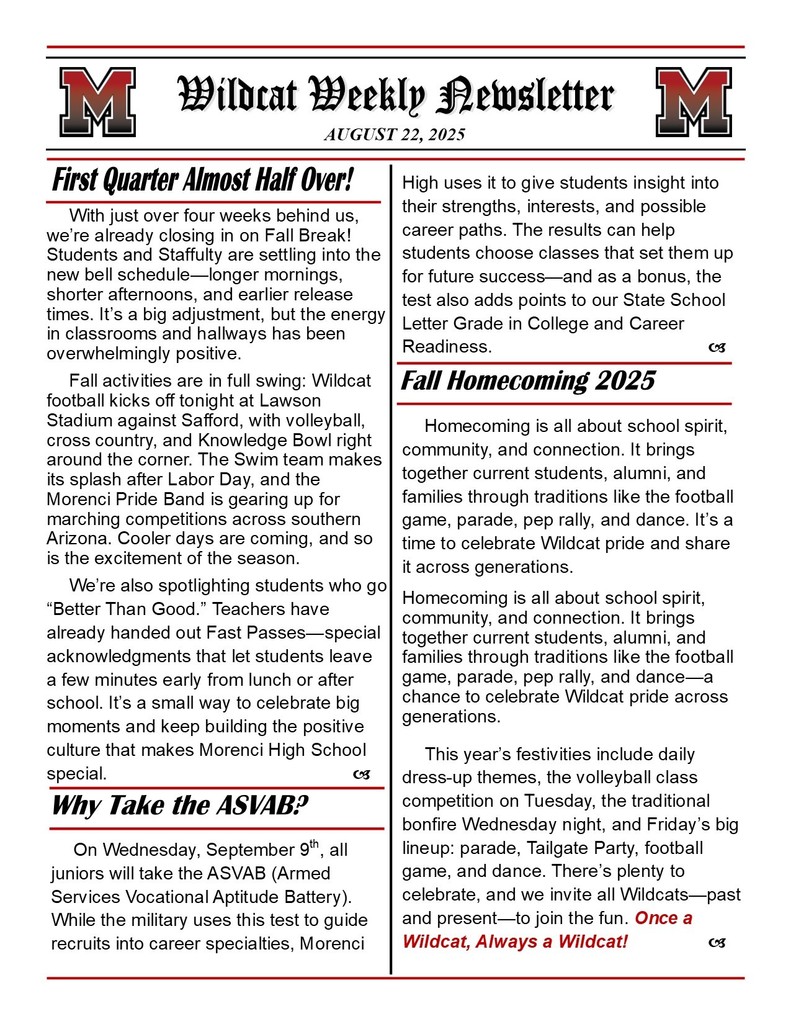 August 22, 2025 Edition of Wildcat Weekly page 1