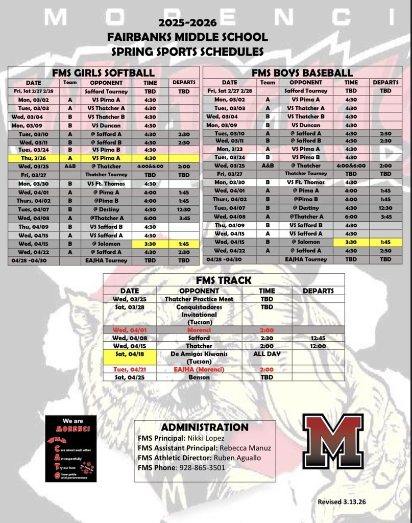 Revised FMS Spring Sports Schedules