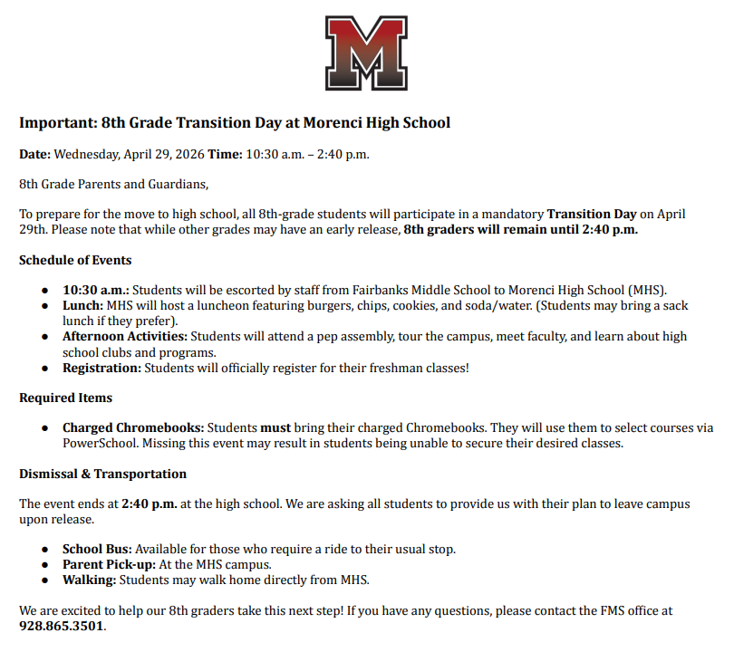 8th grade Transition Day at MHS on April 29th. Request for parent information after student dismissal.