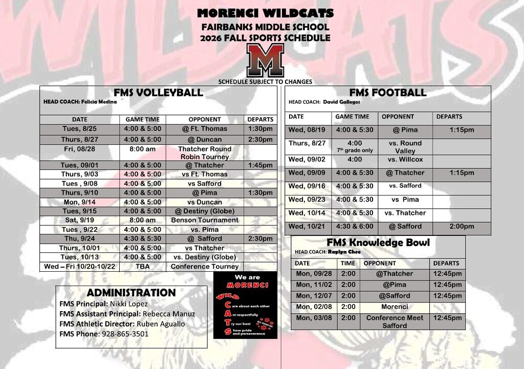 FMS Fall Sports Schedules