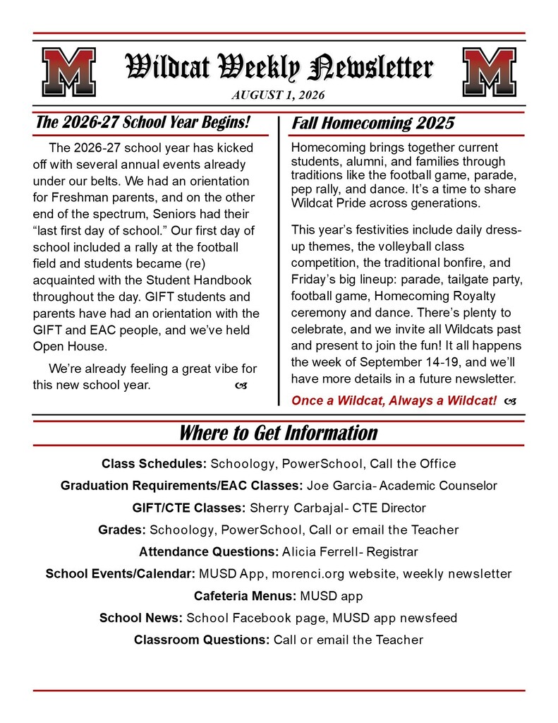 August 1, 2026 MHS Wildcat Weekly newsletter page 1