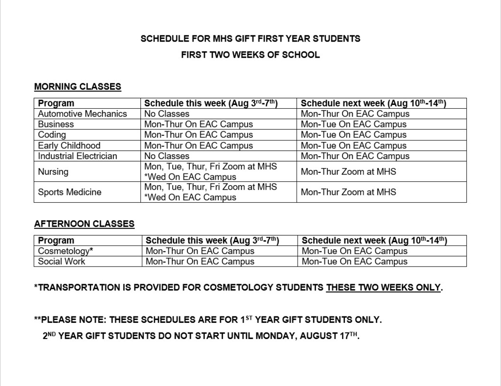 Fall 2026 First-year GIFT schedule