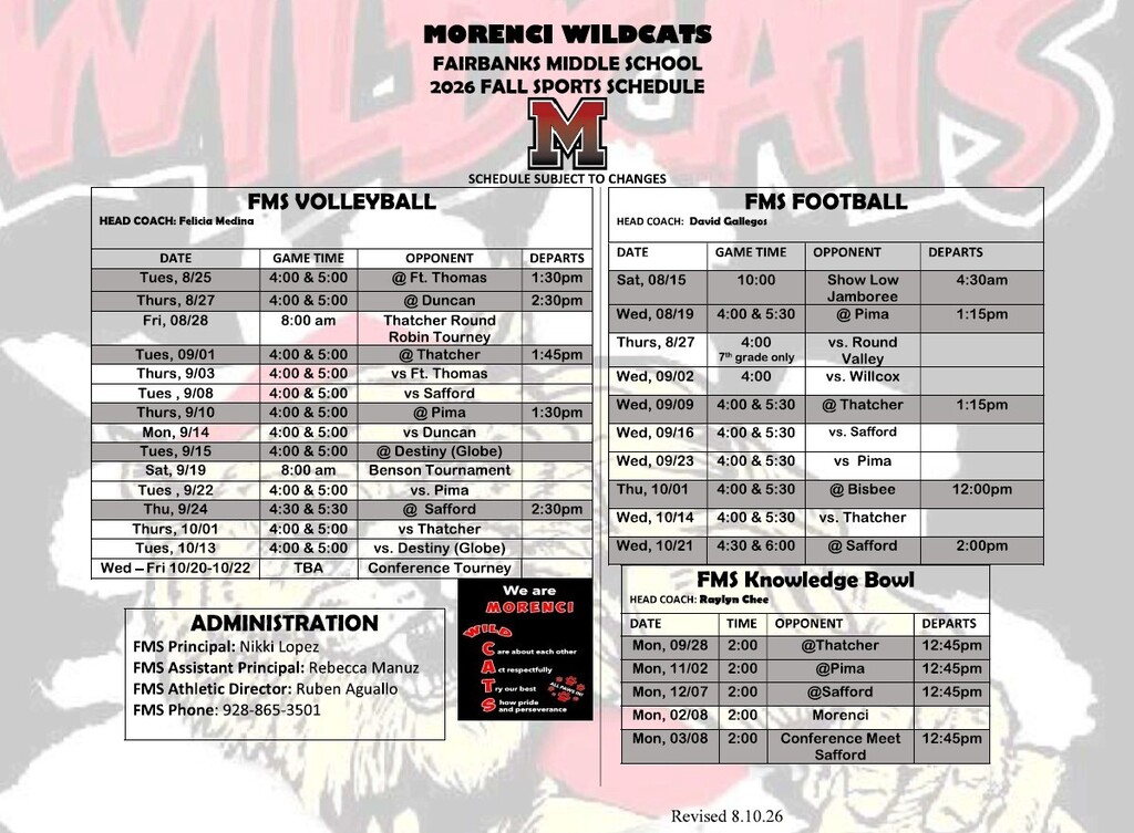 Revised FMS Fall Sports Schedules
