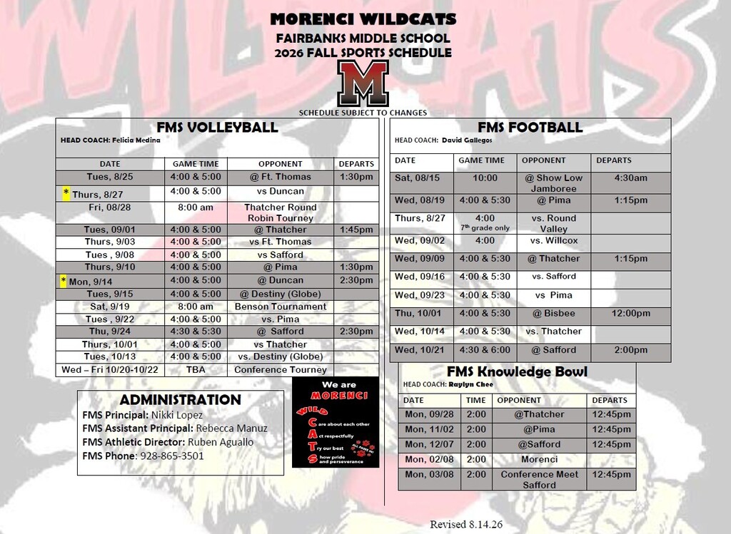 Revised FMS Fall Sports Schedules