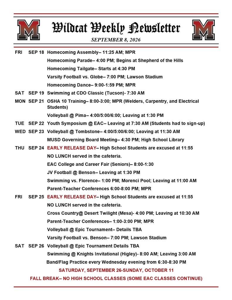 Page 2 of the September 2026 MHS Wildcat Weekly