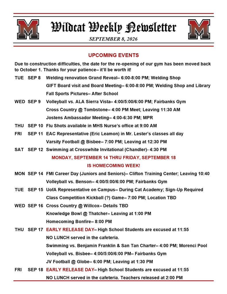 Page 1 of the September 2026 MHS Wildcat Weekly