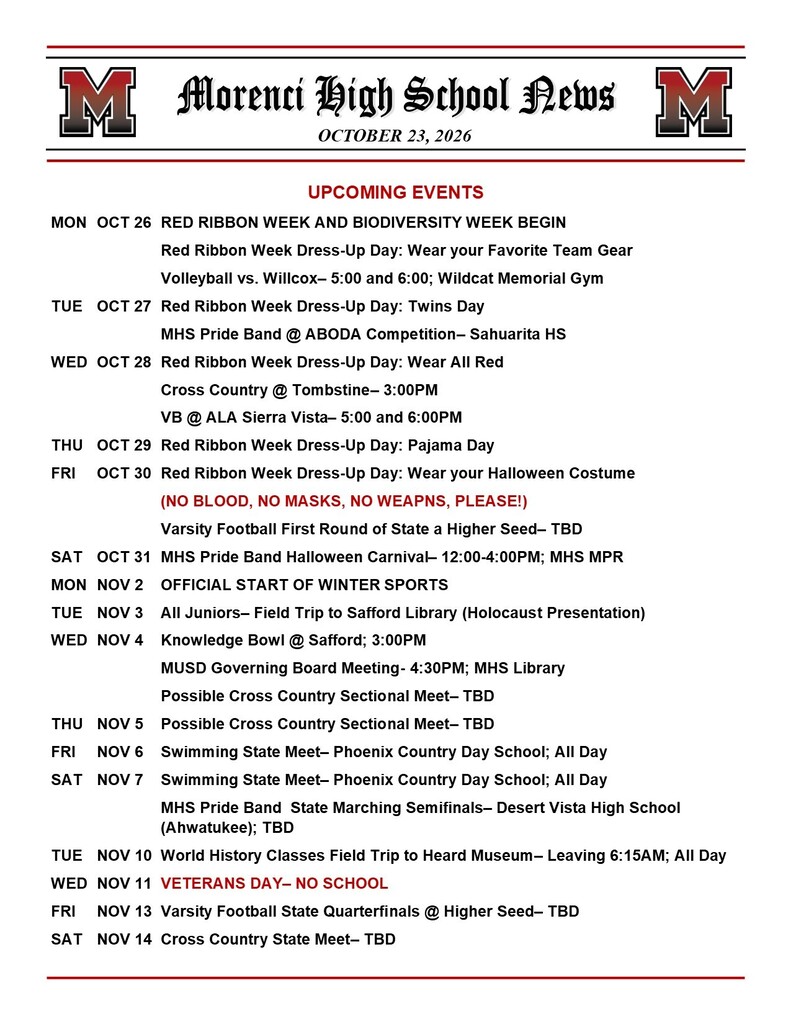 October 23rd thru November 14th 2026 Morenci High School Calendar