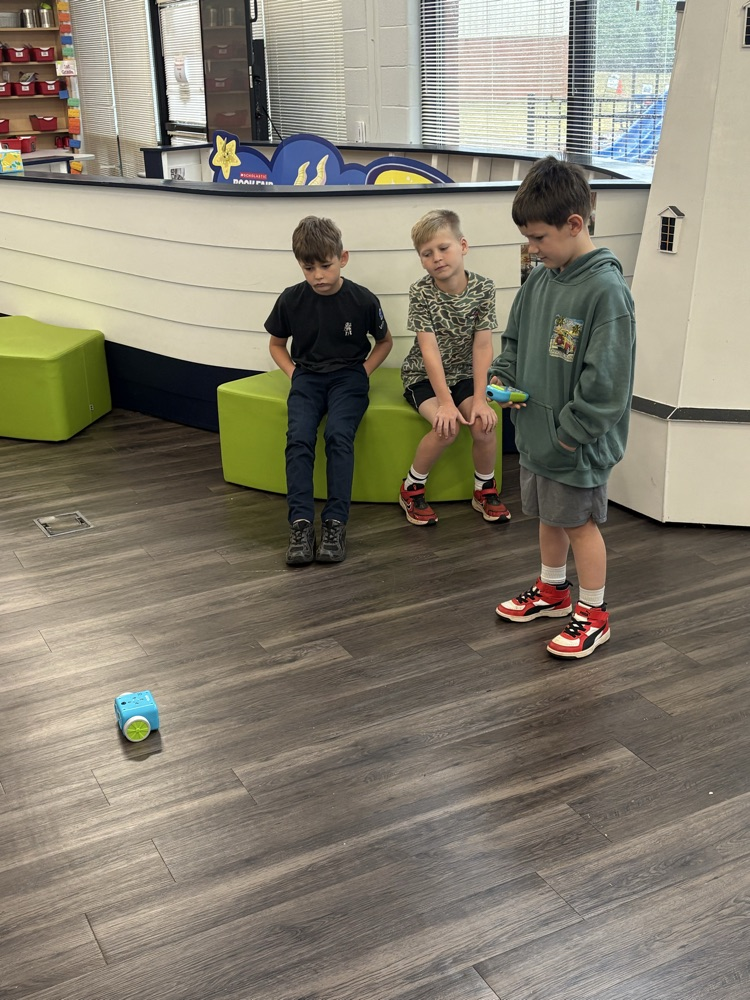 Students used a remote to code a new robot in the library. 