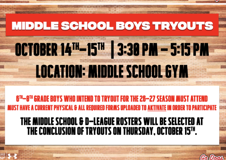 Boys basketball tryouts are October 14 and 15 from 3:30–5:15 p.m. in the gym