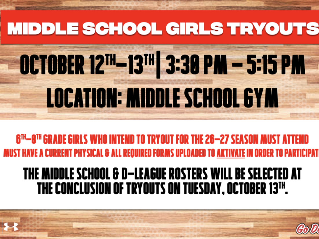 Girls basketball tryouts are October 12 and 13 from 3:30–5:15 p.m. in the gym