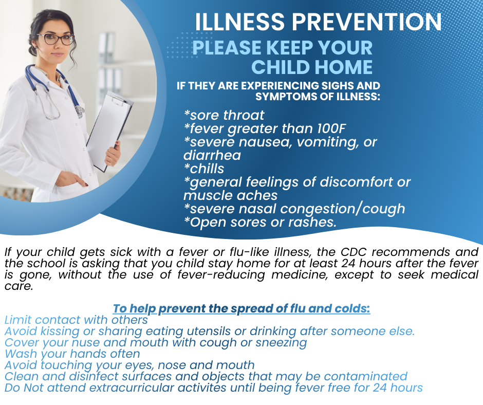 “Illness Prevention” showing a female doctor with clipboard and a list of symptoms requiring children to stay home, plus CDC guidance and prevention tips.
