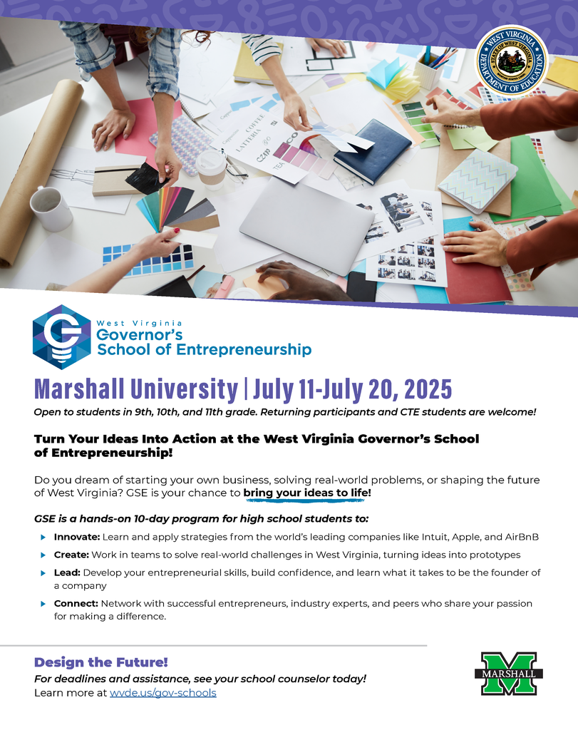 a flyer for the West Virginia Governor’s School of Entrepreneurship (GSE) at Marshall University, scheduled for July 11–July 20, 2025