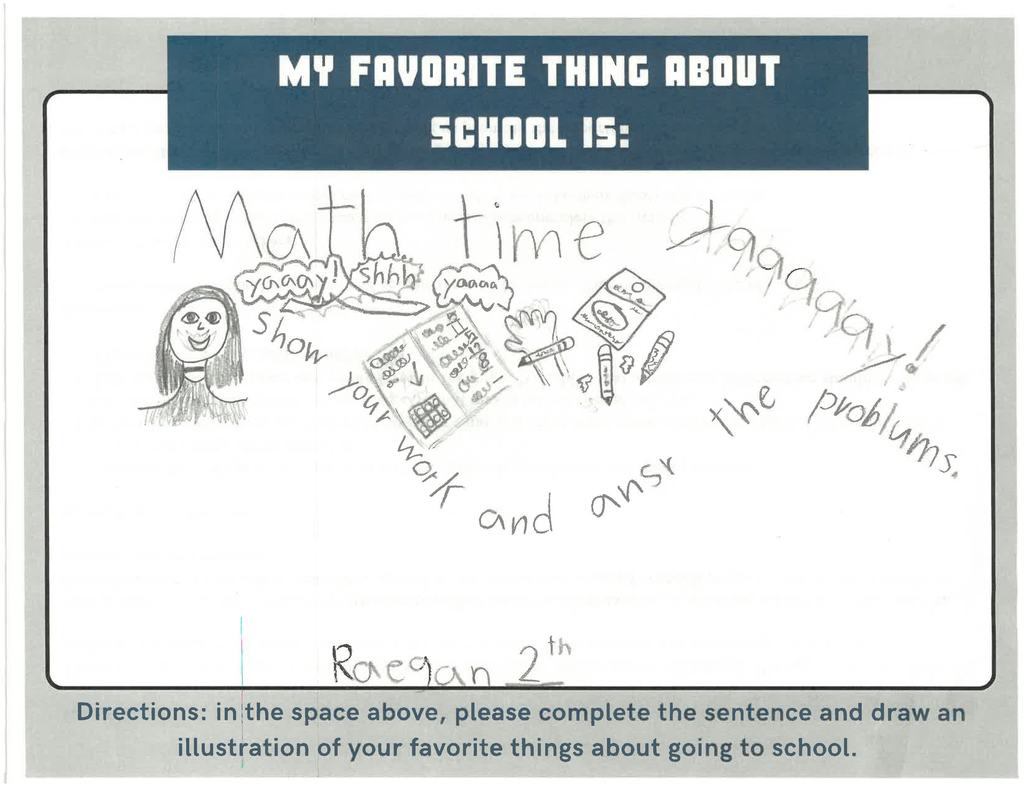 A student's drawing celebrating math time with equations and school supplies.