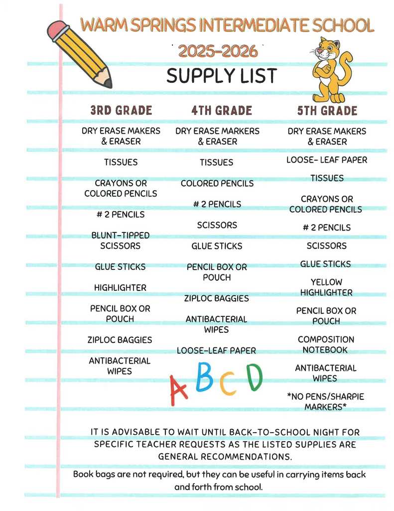Back-to-school supply list for 3rd–5th grade students at Warm Springs Intermediate School for the 2025–2026 year. Includes general recommendations like pencils, tissues, dry erase markers, and wipes. Backpack use is optional. Parents are advised to wait until meeting teachers before purchasing supplies.