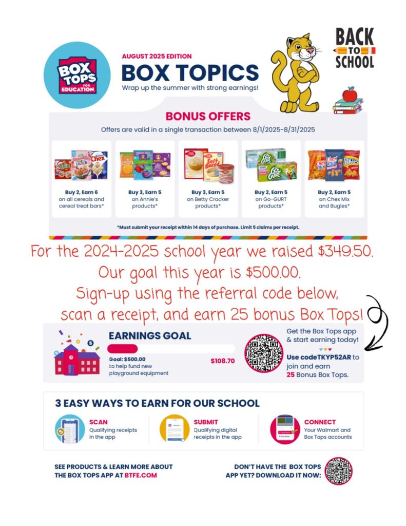 Flyer for August 2025 Box Tops for Education showing bonus offers, school earnings goal of $500 for playground equipment, current earnings of $108.70, referral code for 25 bonus Box Tops, and steps to scan, submit, and connect receipts. Includes colorful graphics and “Back to School” theme.
