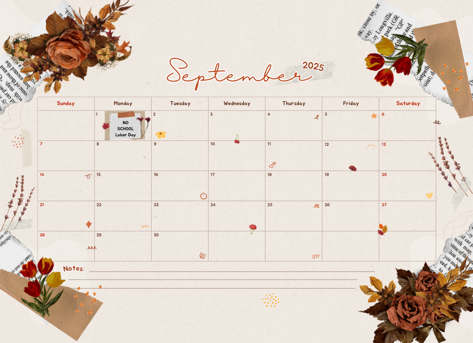 September 2025 calendar with autumn-themed decorations; Labor Day noted on September 1 with 'No School' reminder
