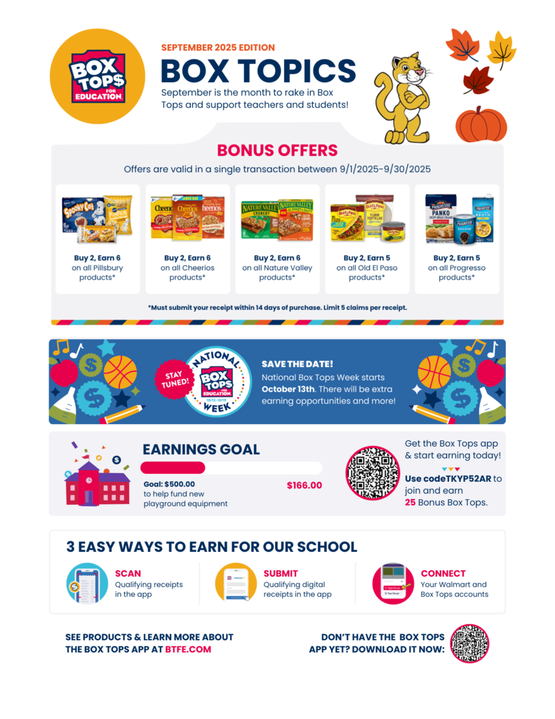 September 2025 Box Tops flyer with fall-themed graphics. Highlights bonus offers for Cheerios, Pillsbury, Nature Valley, Old El Paso, and Progresso products. Announces National Box Tops Week October 13. Shows school earnings goal of $500 for playground equipment, progress at $166, and QR code to download the Box Tops app.