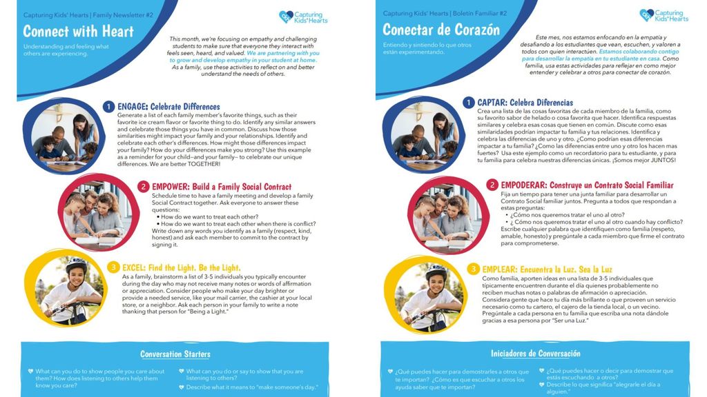 A bilingual family newsletter from Capturing Kids’ Hearts titled Connect with Heart / Conectar de Corazón. The left side is in English and the right in Spanish. It highlights activities to build empathy: Engage by celebrating family differences, Empower by creating a family social contract, and Excel by recognizing community helpers. Each section includes colorful circles with photos of families and children. The bottom features conversation starters to encourage empathy and listening.