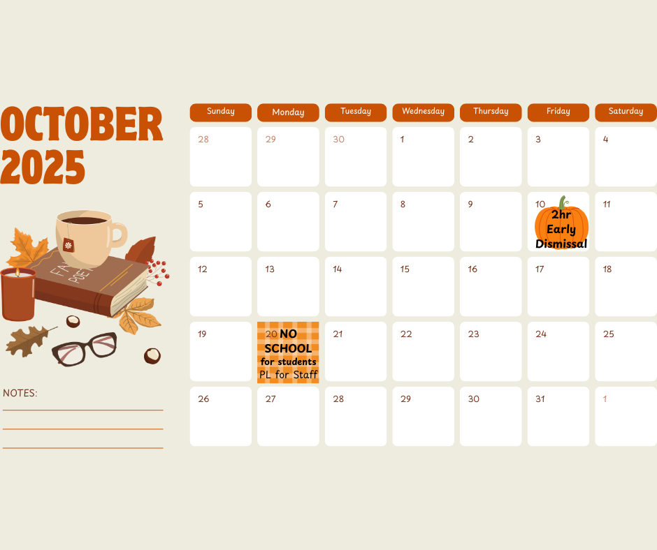 October 2025 calendar with early dismissal and no school dates