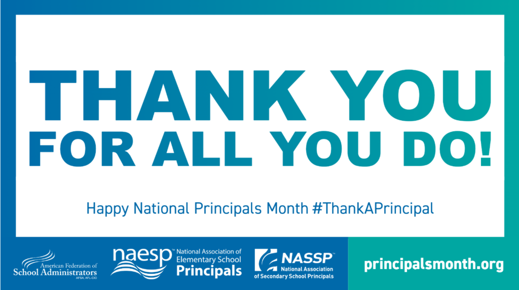 Thank you message for National Principals Month with logos and website