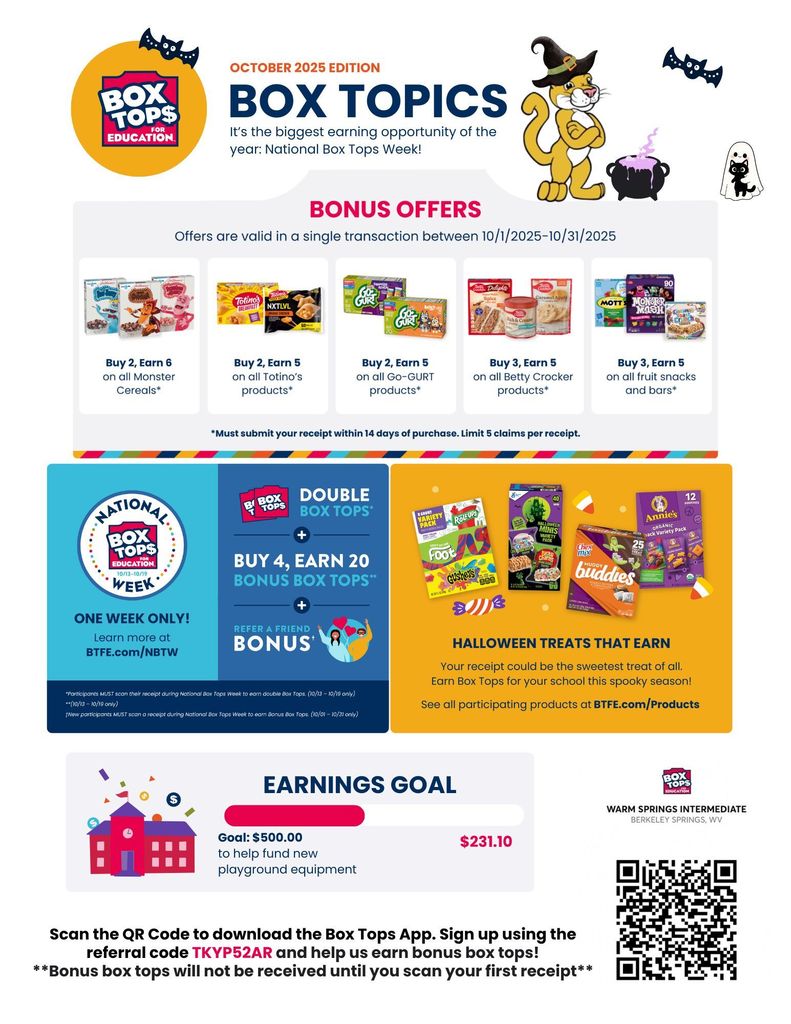 October 2025 “Box Topics” flyer for Warm Springs Intermediate. Features cartoon Halloween cat and bats. Highlights bonus offers like “Buy 2, Earn 6 on Monster Cereals,” “Buy 2, Earn 5 on Totino’s,” “Buy 2, Earn 5 on Go-GURT,” “Buy 3, Earn 5 on Betty Crocker,” and “Buy 3, Earn 5 on fruit snacks and bars,” valid 10/1–10/31/25. Includes “National Box Tops Week,” referral bonus, Halloween treats promotion, fundraising thermometer ($231.10 of $500 goal), QR code, and referral code TKYP52AR.