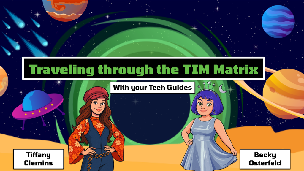 Two cartoon tech guides in space with “Traveling through the TIM Matrix” text.