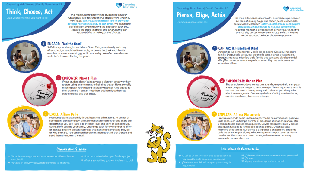 A one-page Capturing Kids’ Hearts family newsletter titled “Self-Direct: Lead Yourself to Who You Want to Be.” The page features the Capturing Kids’ Hearts logo and colorful section headers labeled Engage, Empower, and Excel, each paired with short family activities promoting self-direction. The Engage section encourages families to “Find the Good!” by sharing daily good things together. The Empower section titled “Make a Plan” suggests helping students use planners to manage their time and include family and school events. The Excel section titled “Affirm Daily” invites families to practice giving affirmations, thank others, and even send handwritten notes of appreciation. At the bottom, a Conversation Starters box lists reflective questions such as: “How do you feel when you finish a project?” “What is something you want to learn to do?” “What is one way you can be more responsible at home or school?” “What is an activity you want to continue to improve?” The background is bright and inviting, with blue and orange accents and the tagline “Think, Choose, Act” under the main title.